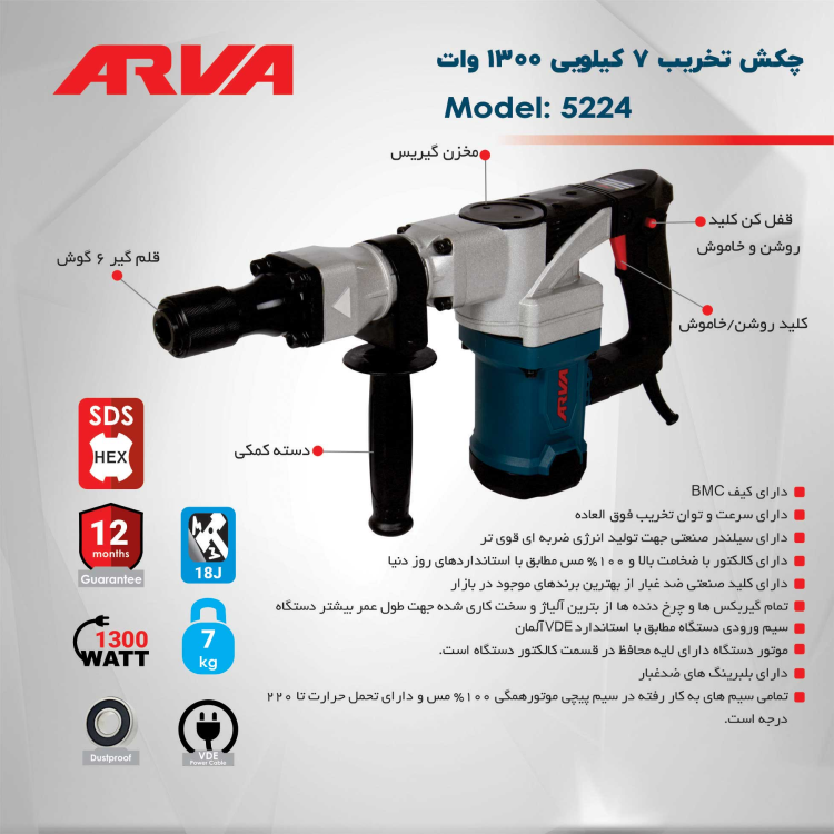 چکش تخریب ۷ کیلویی ۱۳۰۰ وات مدل ۵۲۲۴
