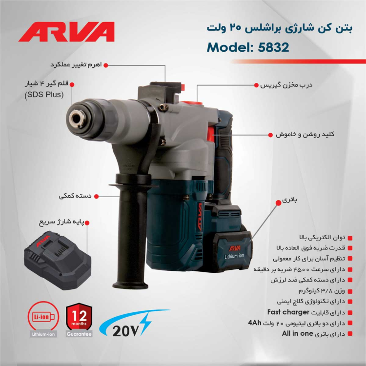 بتن کن شارژی براشلس ۳.۸ کیلویی ۲۰ ولت مدل ۵۸۳۲