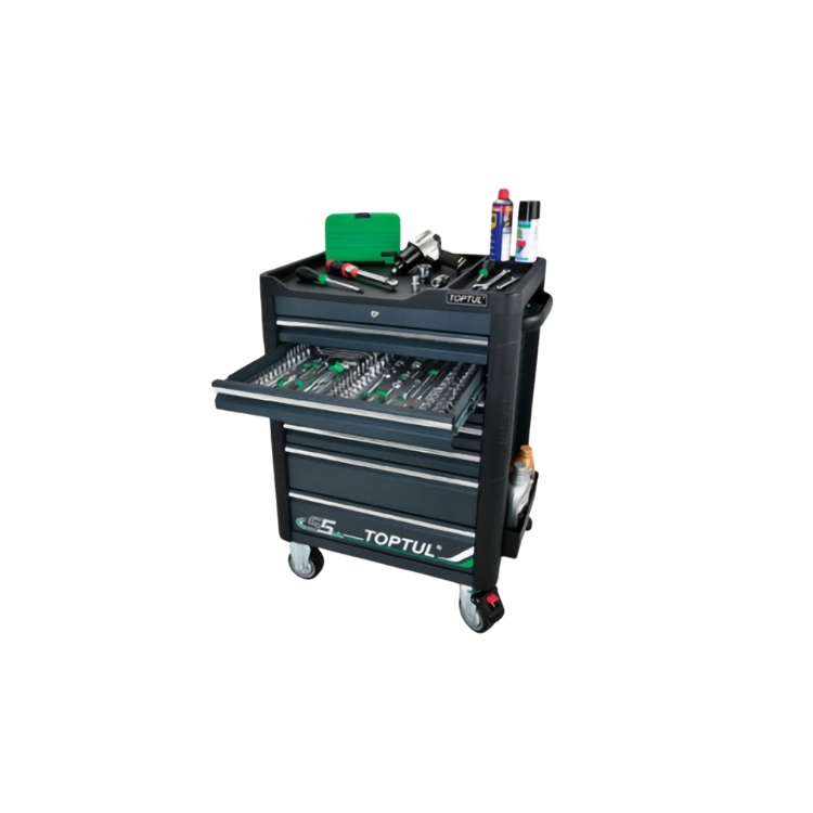 جعبه ابزار 340 پارچه 7 کشو چرخدار ذغالی با 5 کشو ابزار تاپ تول مدل GE-34028